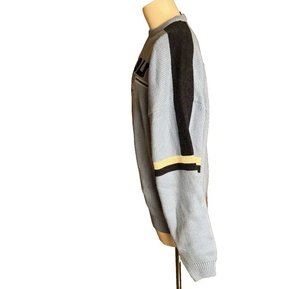 Vintage baggy y2k fubu light blue striped and embroidered mens knit sweater L - Picture 4 of 6